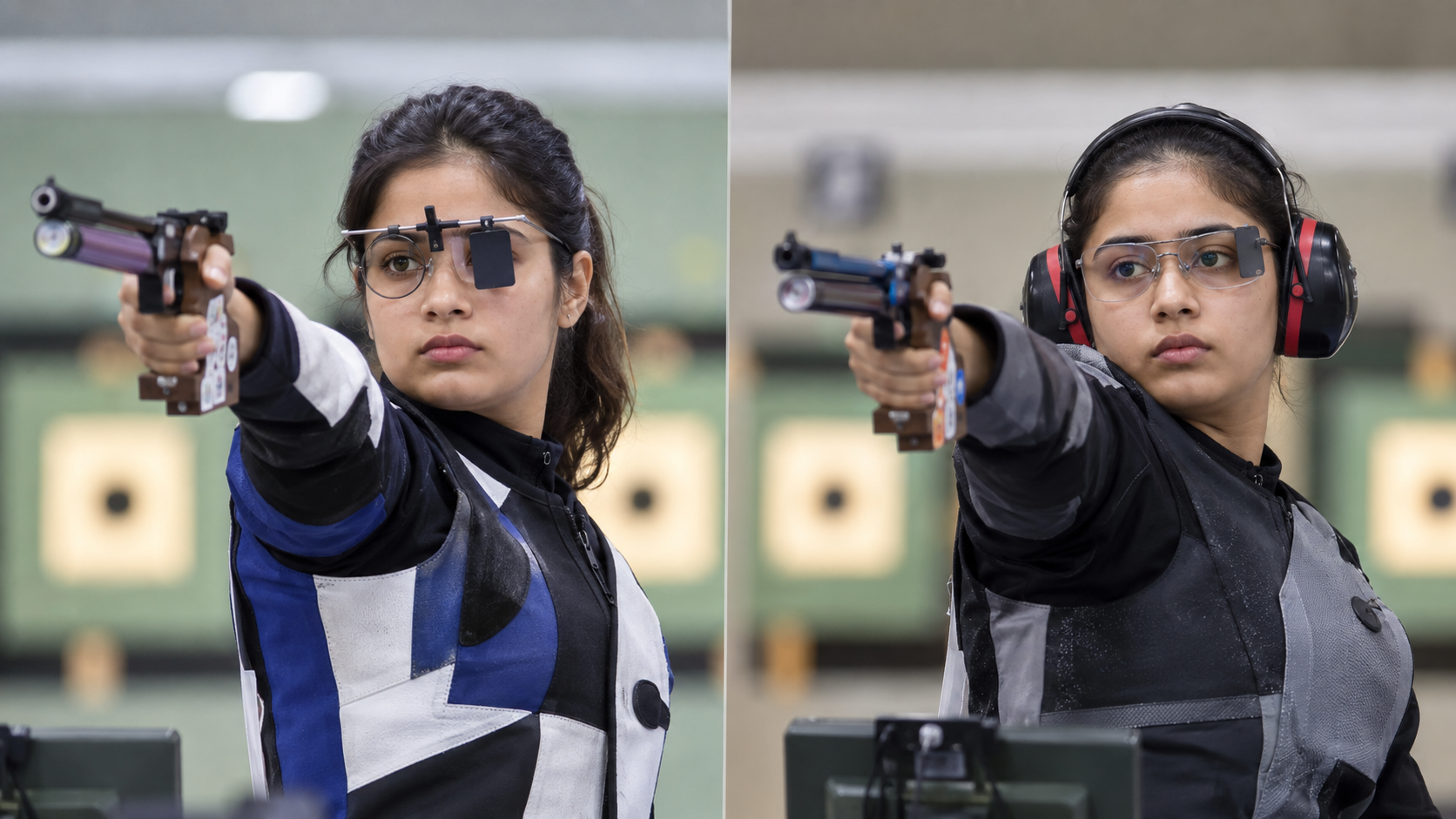 Asian Games 2026: India’s Biggest Medal Hopes Across Sports Illustration of Manu Bhaker and Esha Singh aiming pistols at adjacent shooting lanes