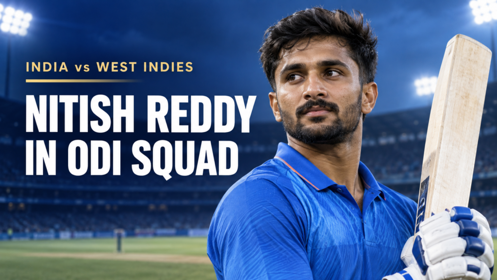 AI-generated illustration of Nitish Kumar Reddy holding a cricket bat, with text reading “Nitish Reddy in ODI Squad” and “India vs West Indies.”