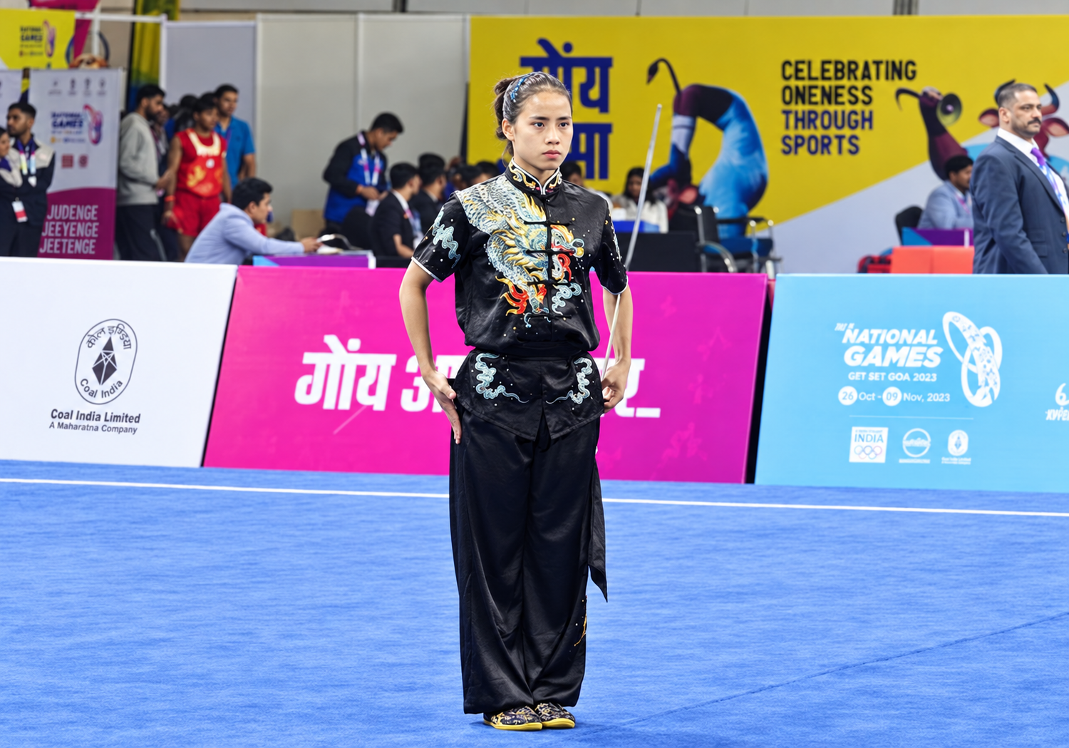 Indian wushu athlete Nyeman Wangsu performing a changquan routine