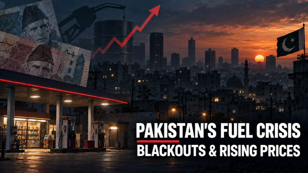 Pakistan Imposes Fuel Austerity: Markets to Close at 9 PM Amid Rising Energy Costs Editorial illustration of a darkened Pakistani city at sunset, with a petrol station, rupee notes, an upward arrow and a Pakistan flag. The image reads “Pakistan’s Fuel Crisis: Blackouts & Rising Prices"