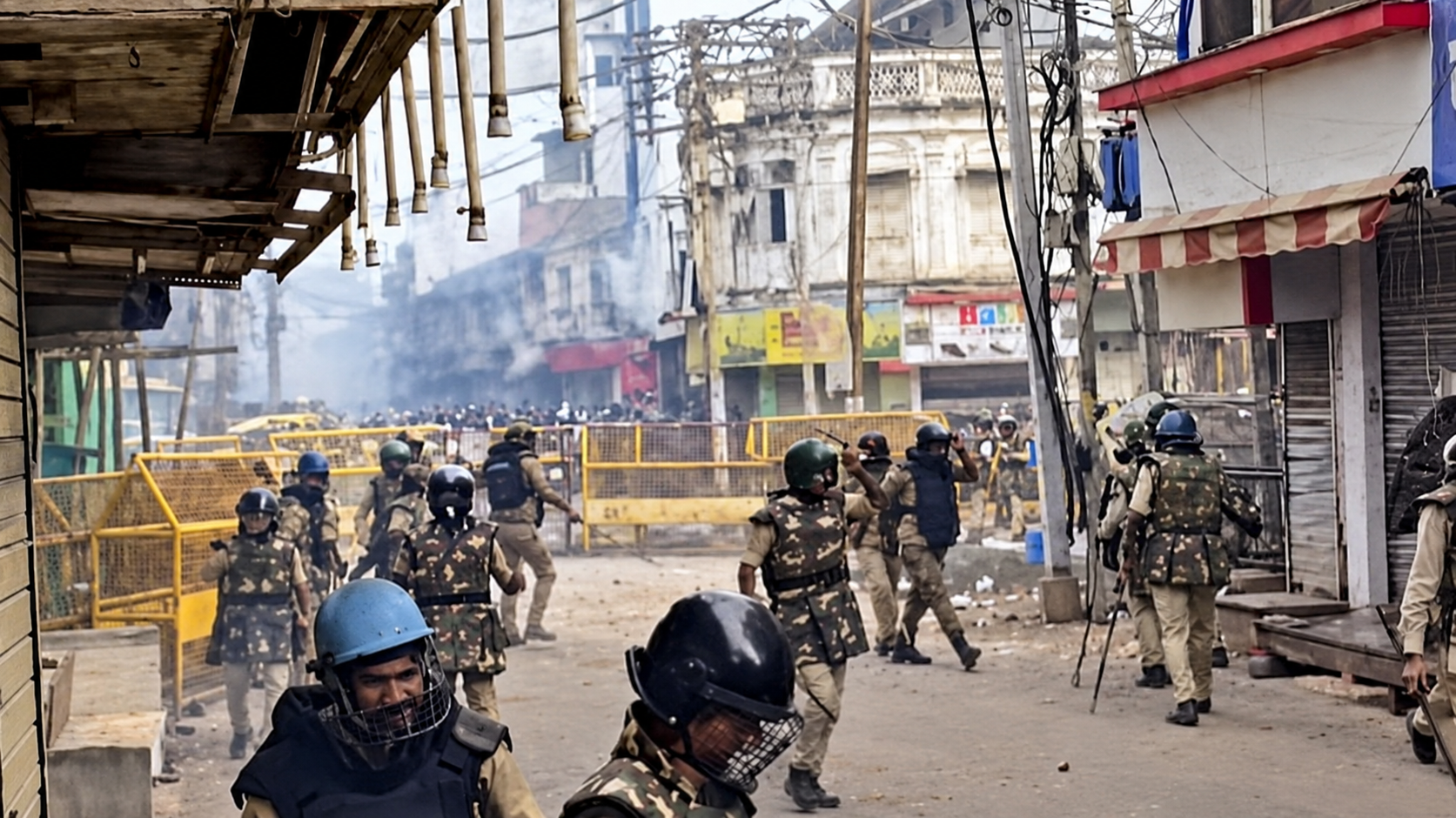 Helmeted security personnel move through a barricaded street in Ujjain amid haze