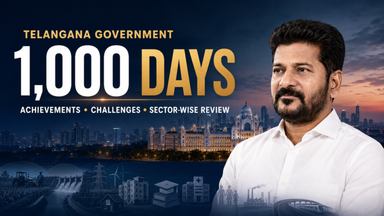 Pulse India News – Latest Breaking News from India & World Revanth Reddy beside a 1,000 Days graphic, Telangana Secretariat and sector icons in a government performance review.