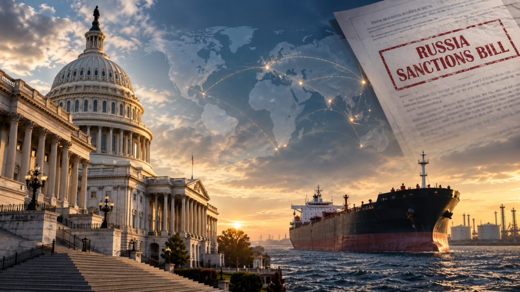 US Russia Sanctions Bill: Could India Face 100% Tariffs? Editorial illustration of the U.S. Capitol, an oil tanker and global trade routes representing Congress’s Russia sanctions bill.