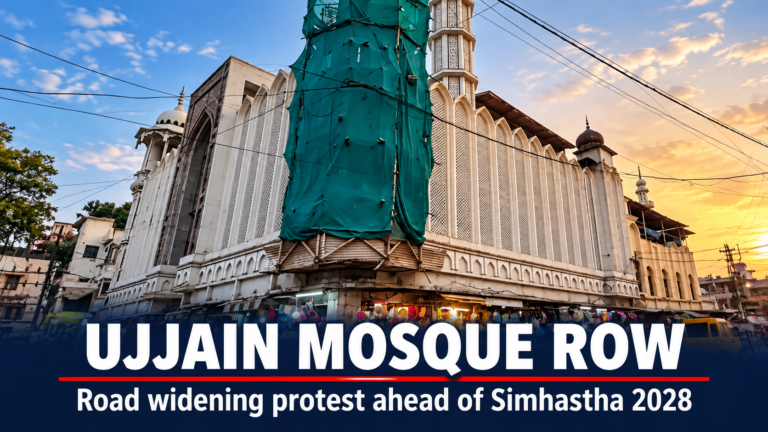 Editorial graphic showing the Shahi Masjid in Ujjain with the headline “Ujjain Mosque Row” and a reference to the Simhastha 2028 road widening protest.