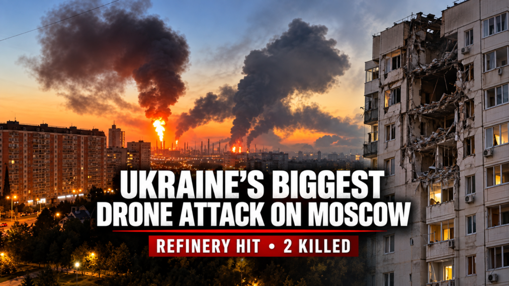 Ukraine Launches Largest-Ever Drone Attack on Moscow; Refinery Hit, Two Killed Fires and thick smoke rise from a Moscow oil refinery beside a drone-damaged apartment building, with text reporting Ukraine’s biggest drone attack on Moscow.