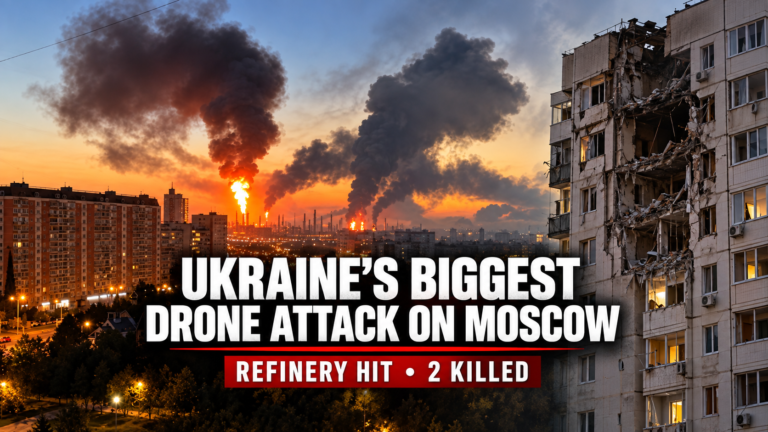 Pulse India News – Latest Breaking News from India & World Fires and thick smoke rise from a Moscow oil refinery beside a drone-damaged apartment building, with text reporting Ukraine’s biggest drone attack on Moscow.