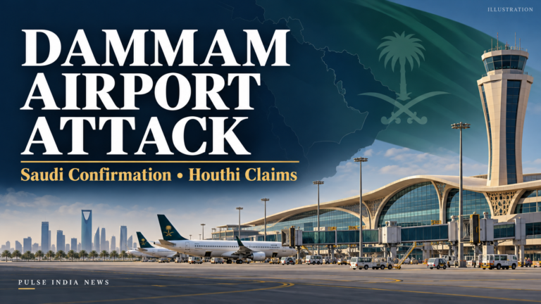 Pulse India News – Latest Breaking News from India & World Airport illustration with a terminal, control tower and aircraft beneath the headline “Dammam Airport Attack: Saudi Confirmation, Houthi Claims.”