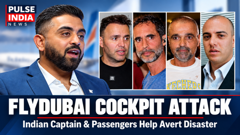 Pulse India News – Latest Breaking News from India & World Pulse India News graphic showing Captain Smit Machchhar beside four passenger portraits, with the headline “Flydubai Cockpit Attack.”
