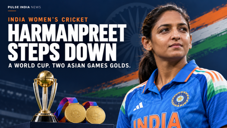 Pulse India News – Latest Breaking News from India & World Illustrated portrait of Harmanpreet Kaur beside a cricket trophy and two gold medals, with the headline “Harmanpreet Steps Down.”