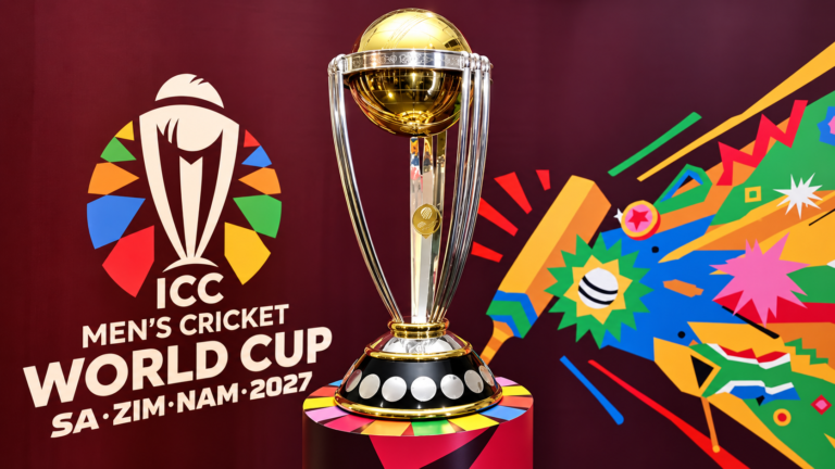 Pulse India News – Latest Breaking News from India & World ICC Men’s Cricket World Cup trophy beside the 2027 tournament emblem and colourful graphics representing South Africa, Zimbabwe and Namibia.