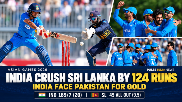 Pulse India News – Latest Breaking News from India & World Collage of Ishan Kishan batting and Jasprit Bumrah celebrating with teammates, with India’s 124-run win and Pakistan gold medal clash headline.