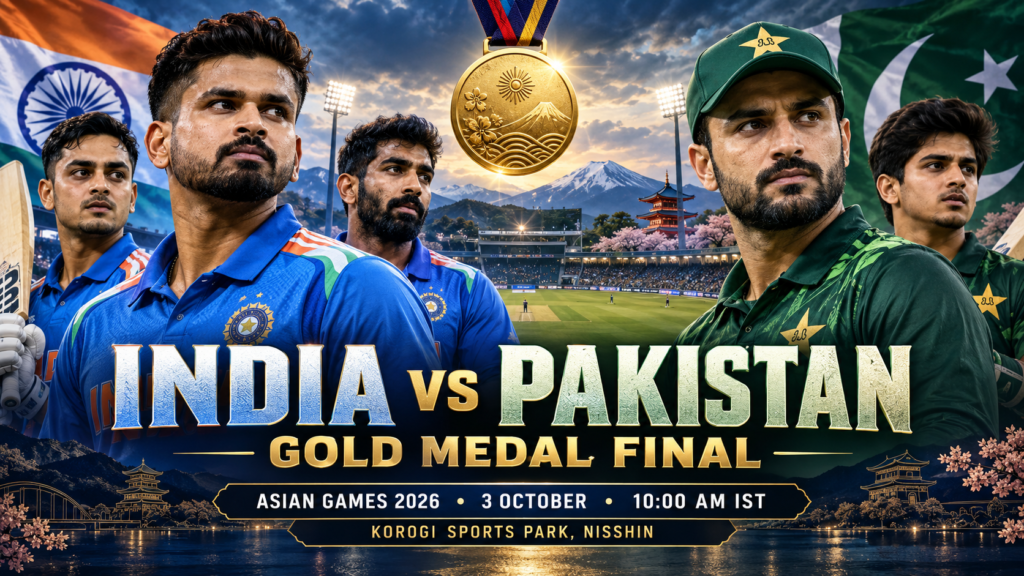 Illustrated India vs Pakistan Asian Games 2026 cricket final poster with player portraits, a gold medal, and the October 3 match details.