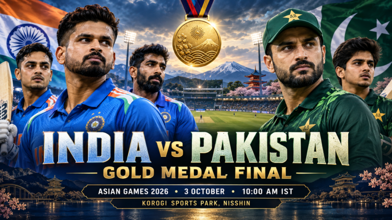 Pulse India News – Latest Breaking News from India & World Illustrated India vs Pakistan Asian Games 2026 cricket final poster with player portraits, a gold medal, and the October 3 match details.
