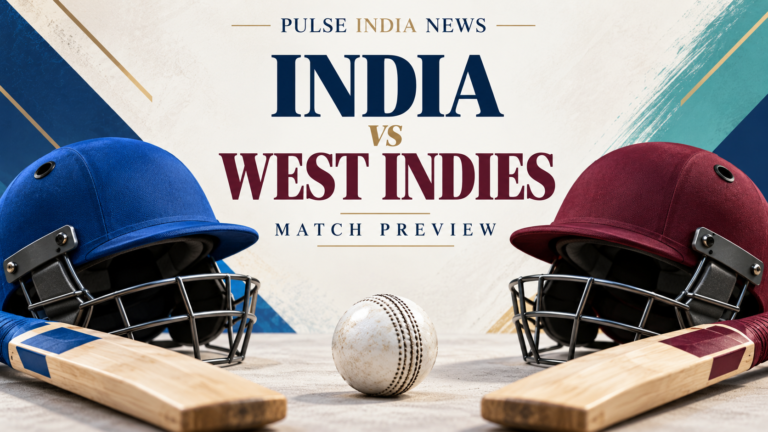 Pulse India News – Latest Breaking News from India & World Blue and maroon cricket helmets, bats and a white ball beneath an India vs West Indies match preview headline.