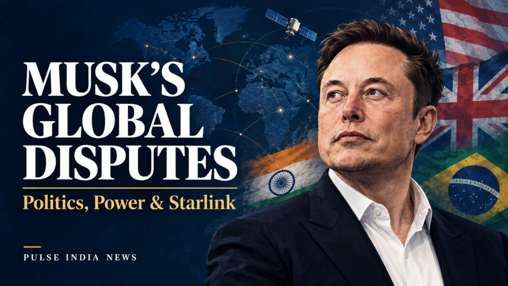 Illustration of Elon Musk with a world map, satellite and national flags, titled “Musk’s Global Disputes: Politics, Power & Starlink.”