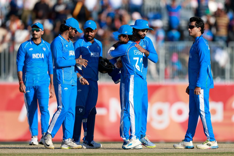 Team India after their victory over Sri Lanka in the Asian Games men’s cricket semi-final.