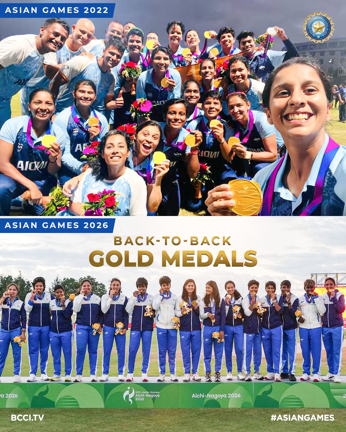 India women's cricket team celebrating back-to-back Asian Games gold medals
